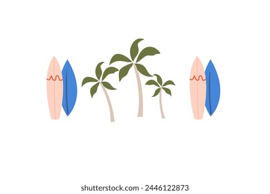 Vector green palm tree, pink and blue surfboard on white background, summer icons