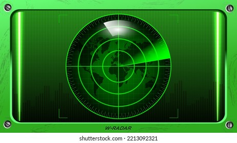 Vector green panel with round radar and world map. Military device with a bright screen and glare