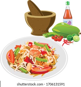 Vector of Green Papaya Salad (Som tum Thai) isolate.