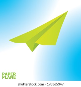 vector green paper airplane flying in blue sky. business metaphor.
