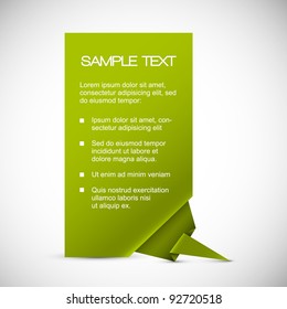 Tarjeta de papel verde vectorial con esquina de origami