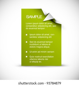 Cartão de Livro Verde Vetor (modelo) com canto branco origami como uma seta apontando para o conteúdo
