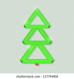 Vector Green Paper Christmas Tree. Stylized Ribbon with Seams. Origami New Year Background