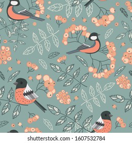 Vector green pastel ash berries and birds texture background seamless pattern print