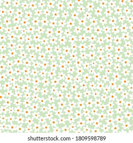 Vector green pastel compact fun daisy flowers repeat pattern with orange center. Suitable for textile, gift wrap and wallpaper.