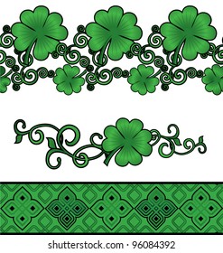 Vector green Patrick's day shamrock or clover decor borders set isolated on white