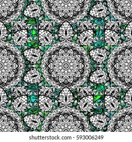 Vector green pattern. Seamless green textured curls in oriental style arabesques. Green pattern on background with gray doodles.