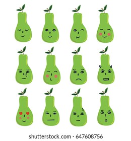 Vector green pear emoji set. Funny cartoon emoticons.