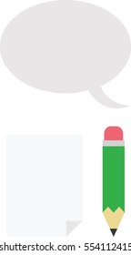 Vector green pencil with blank paper and grey speech bubble.