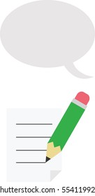 Vector green pencil drawing lines on paper with grey speech bubble.