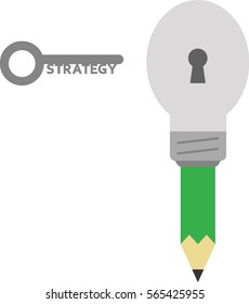 Vector green pencil with grey light bulb tip and keyhole and grey strategy key.