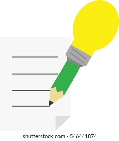 Vector green pencil with yellow light bulb tip drawing lines on paper.