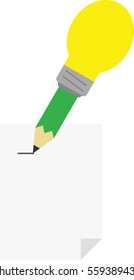 Vector green pencil with yellow light bulb tip drawing line on paper.