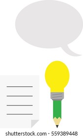 Vector green pencil with yellow light bulb tip with lined paper and grey speech bubble.