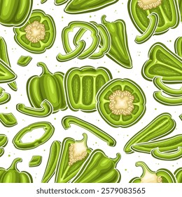 Vector Green Pepper Seamless Pattern, square background with flying cartoon sweet peppers with seeds, placard with group of flat lay still life composition of green bell peppers on white background