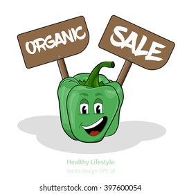 Vector Green Pepper with stylized cartoon look, with face and signs (organic and sale)