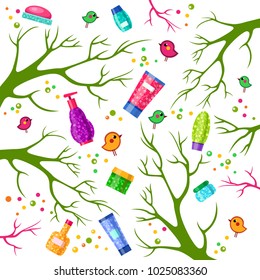 Vector green and pink branches with bright cosmetic tubes, birds and spots. Cartoon bathroom bottles. Cute spa spring illustration