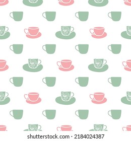 Vector green and pink cups, stripes seamless background. Excellent for fabric, scrapbooking, wallpaper projects, backgrounds, invitations, design projects. Surface pattern design.