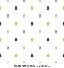 Vector green, pink, grey, yellow fir trees xmas seamless pattern. Merry Christmas and happy new year greeting card backdrop design. Retro hand drawn flat art on white background.