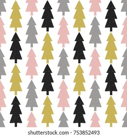 Vector green, pink, grey, yellow fir trees xmas seamless pattern. Merry Christmas and happy new year greeting card backdrop design. Retro hand drawn flat art on white background.