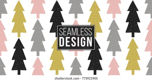 Vector green, pink, grey, yellow fir trees xmas seamless pattern. Merry Christmas and happy new year greeting card backdrop design. Retro hand drawn flat art on white background.