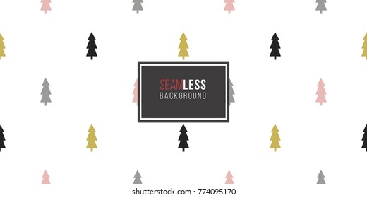 Vector green, pink, grey, yellow fir trees xmas seamless pattern. Merry Christmas and happy new year greeting card backdrop design. Retro hand drawn flat art on white background.