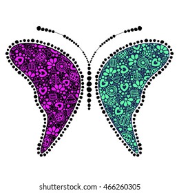 Vector green and pink ornamental decorative illustration of butterfly, isolated on the white background. 