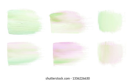 Vector green and pink paint smear strokes stain set. Abstract acrylic art illustration. Acrylic Texture Paint Stain Illustration. Hand drawn brush strokes vector elements. Acrilyc strokes.