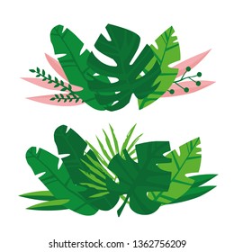 Vector green and pink tropical leaves on a white background. Palm, banana plants. Isolated elements
