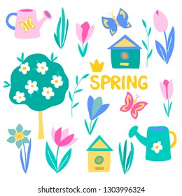 vector green pink yellow spring set on white flowers tree daffodil, crocus, tulip, nesting box, watering can, butterfly cute chldish design