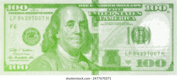 Vector green pixel halftone obverse of a 100 US dollar banknote. One hundred. American note made of many dots.