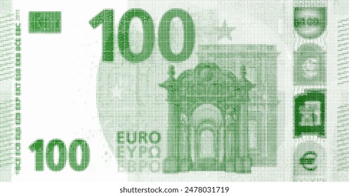 Vector green pixel halftone obverse of a 100 euro note. One hundred. European Union banknote made of many dots.