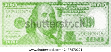 Vector green pixel halftone obverse of a 100 US dollar banknote. One hundred. American note made of many dots.