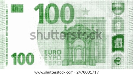 Vector green pixel halftone obverse of a 100 euro note. One hundred. European Union banknote made of many dots.
