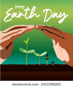 vector of green plant seeds growing in the ground from small and large protected by both hands happy earth day