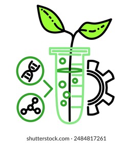 vector of green plants in clear test tubes.There are chemical structures representing molecular compounds.Relevant regarding biotechnology, genetic engineering, sustainable development, or scientific 