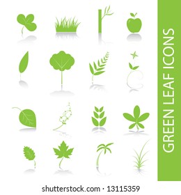 Vector - Green plants, leaves, trees icon symbol set.