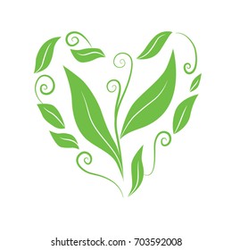 Vector green plants logo. Graceful curls and leaves in the heart shape.