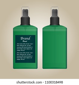 Vector of Green plastic bottle Front and back with spray head and sticker brand with sample text on soft background.