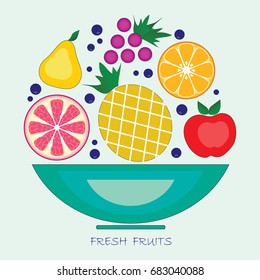 Vector green plate with colorful fruits on light blue background with sign. Ripe stylish grapefruit, pear, orange, pineapple, grapes, blueberries and apple