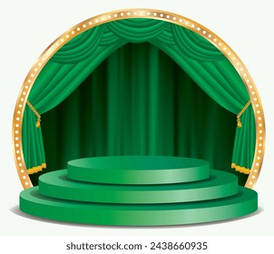 vector green podium stage with green curtain