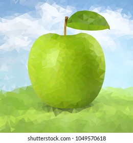 Vector green polygonal apple. Poly apple with leaf and shadow