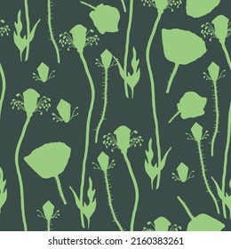 Vector green Poppy Flower seamless pattern background with poppy silhouette. Suitable for fabric, scrapbooking, wallpaper, prints, covers.