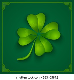 Vector green poster with clover for Patrick's day. 3D clover on green background.