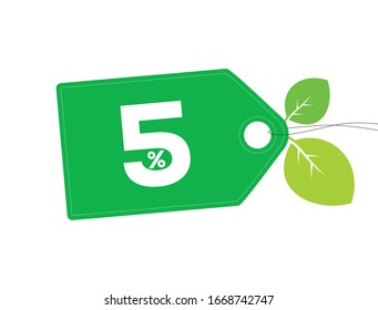 Vector green price tag label with 5 percent text,  leaves and white stitches on it  isolated on white background. For spring summer sale campaign.