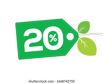 Vector green price tag label with 20 percent text,  leaves and white stitches on it  isolated on white background. For spring summer sale campaign.