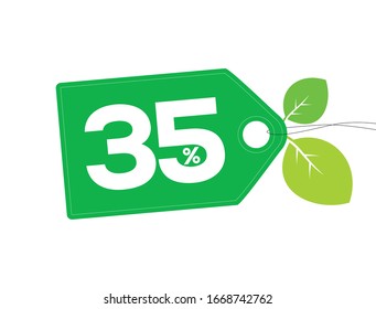 Etiqueta de la etiqueta verde vector con 35 por ciento de texto, hojas y puntos blancos aislados en fondo blanco. Campaña de venta de verano en primavera.