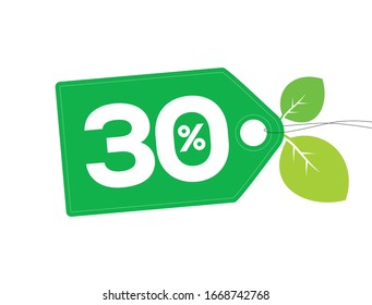 Vektorillustration-Green-Preis-Markierung mit 30 % Text, Blättern und weißen Stichen einzeln auf weißem Hintergrund. Für Frühjahr Sommer-Verkaufskampagne.