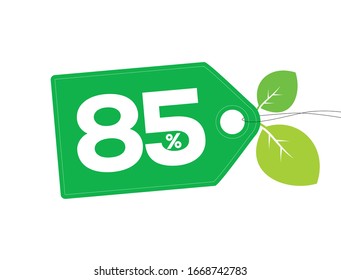 Vector green price tag label with 85 percent text,  leaves and white stitches on it  isolated on white background. For spring summer sale campaign.