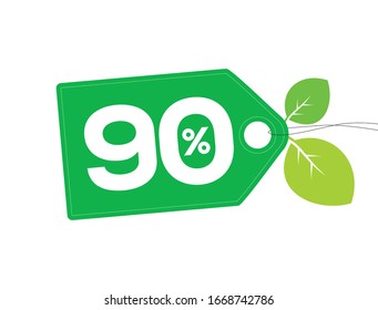 Etiqueta de etiqueta verde vectorial con 90 por ciento de texto, hojas y puntos blancos aislados en fondo blanco. Campaña de venta de verano en primavera.